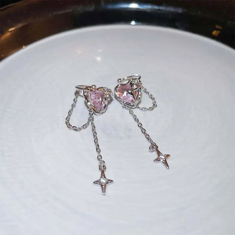 Earring Clip Crystal Heart Tassel Ear Cuff