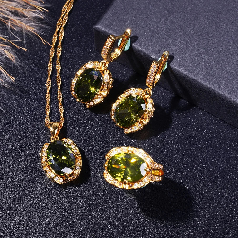 Elegant Necklace Earrings Ring Bracelet Jewelry Set 18K Gold-Plated Zirconia