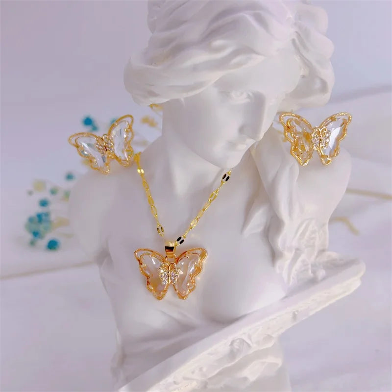 Butterfly Necklace And Earrings Set Stainless Steel Jewelry