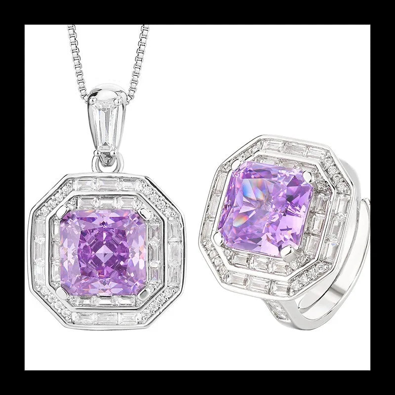 Necklace Ring Set Diamond Ice Flower Cut Square