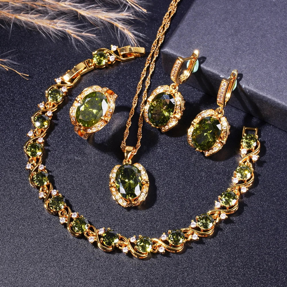 Elegant Necklace Earrings Ring Bracelet Jewelry Set 18K Gold-Plated Zirconia