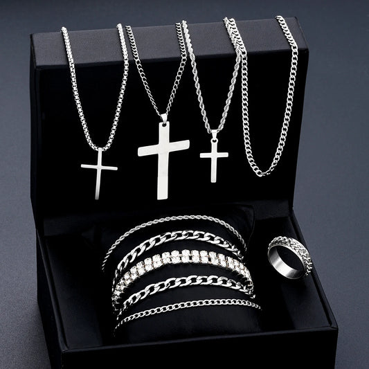 Mens Stainless Steel Cross Necklace Bracelet Ring Set Zircon Jewelry