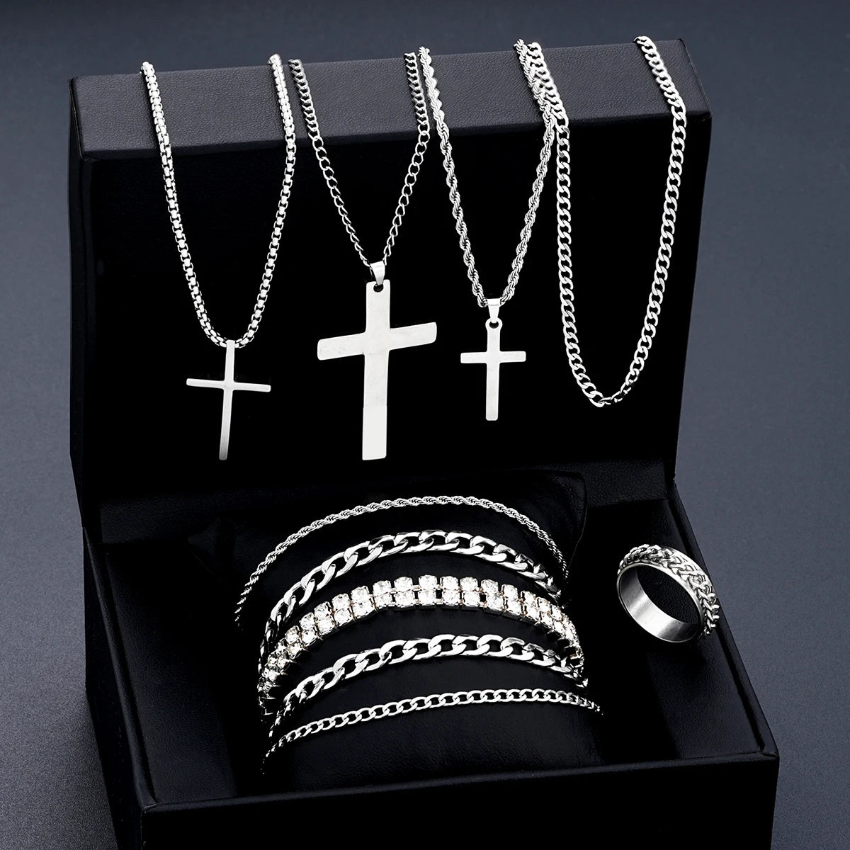 Mens Stainless Steel Cross Necklace Bracelet Ring Set Zircon Jewelry