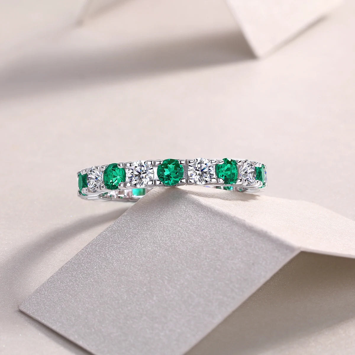 925 Silver Ring with Alternating Moissanite & Green Emeralds