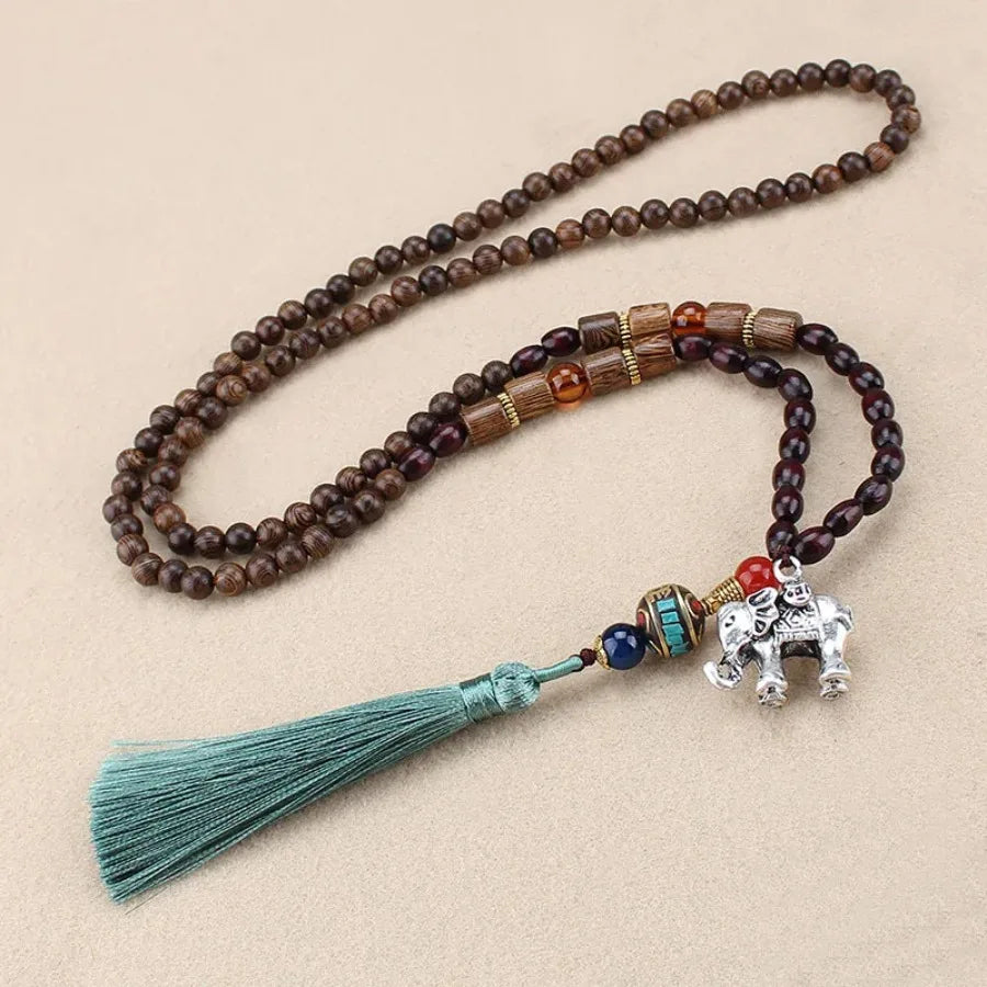 Vintage Nepal Buddhist Mala Necklace With Wood Beads Pendant Ethnic Jewelry