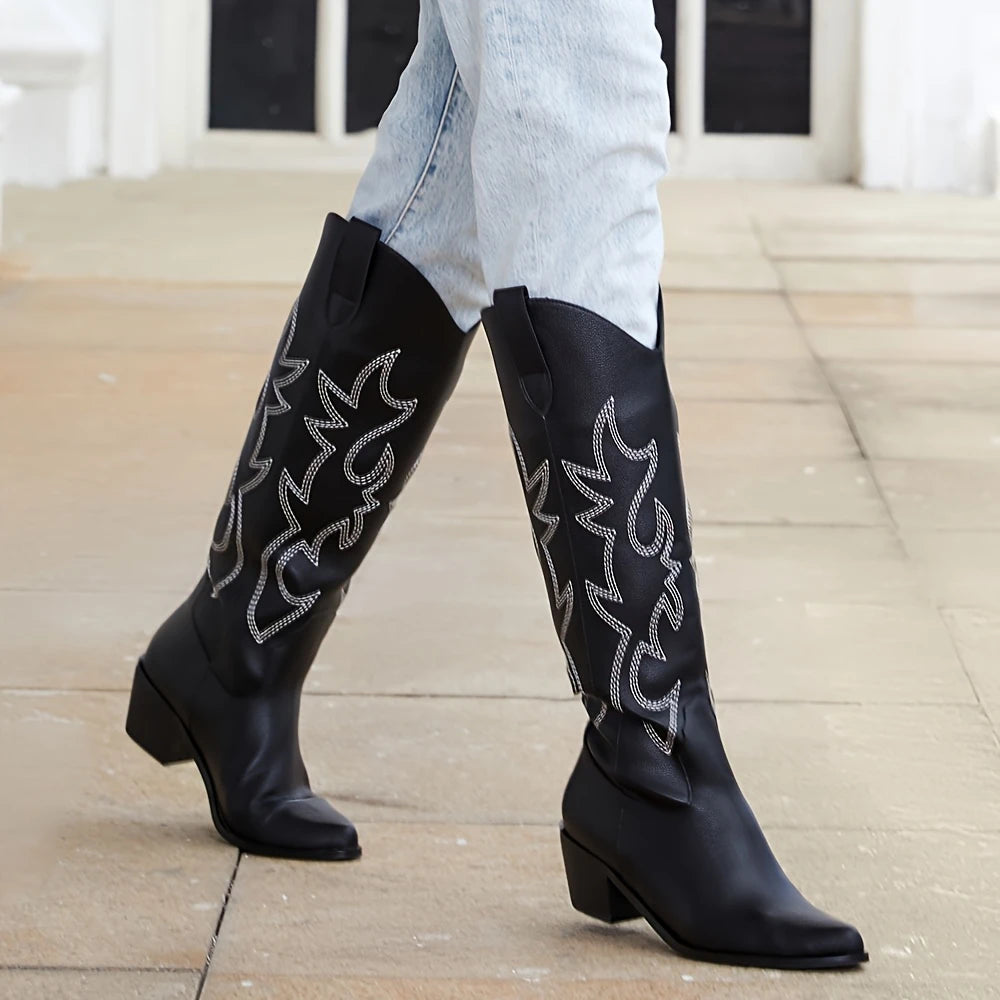 Western Knee-High Boots Women Embroidered