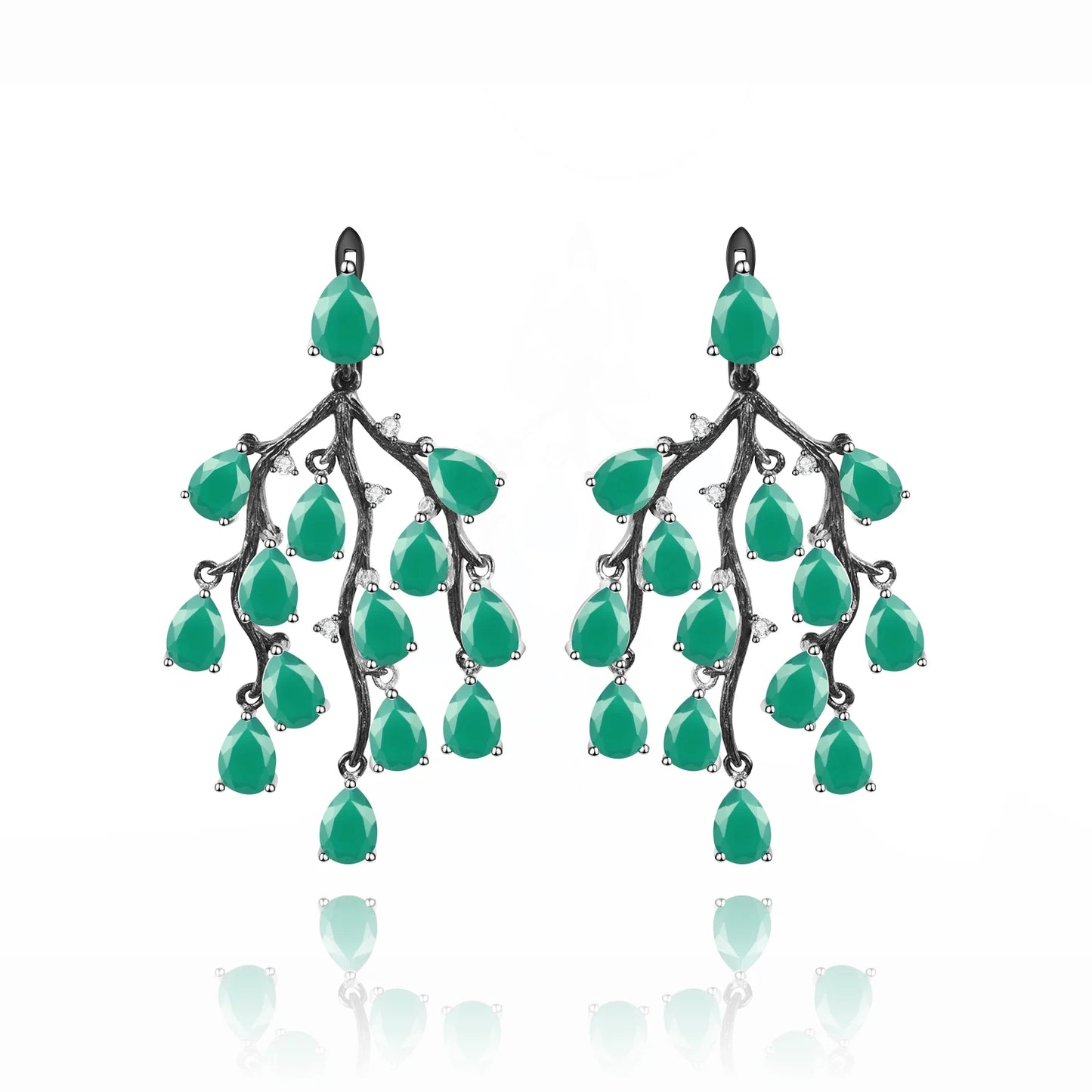 Earrings 925 Sterling Silver Pine Branch Agate Drop