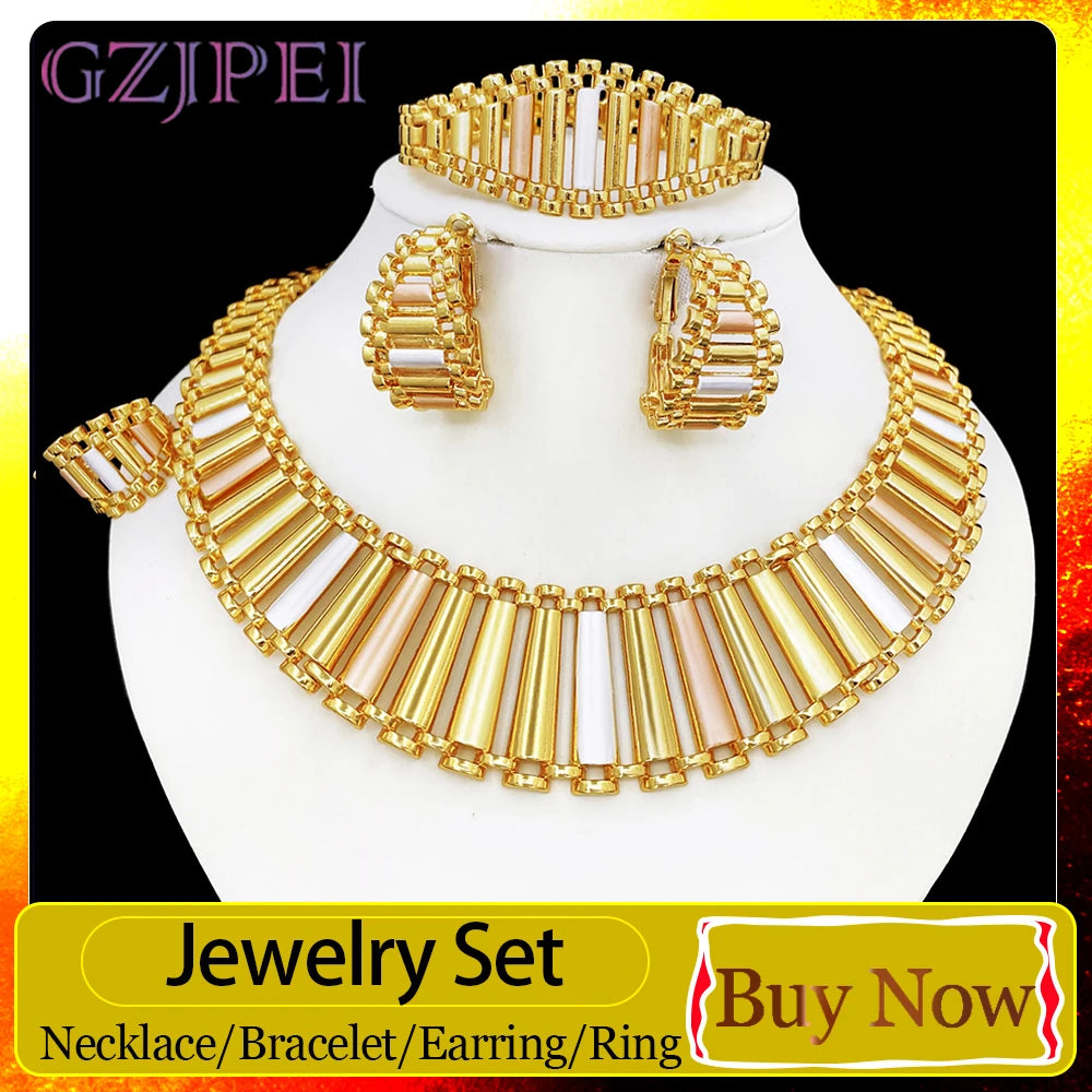 GZJPEI Geometric Striped Jewelry Set 18K Gold Plated Hollow Out