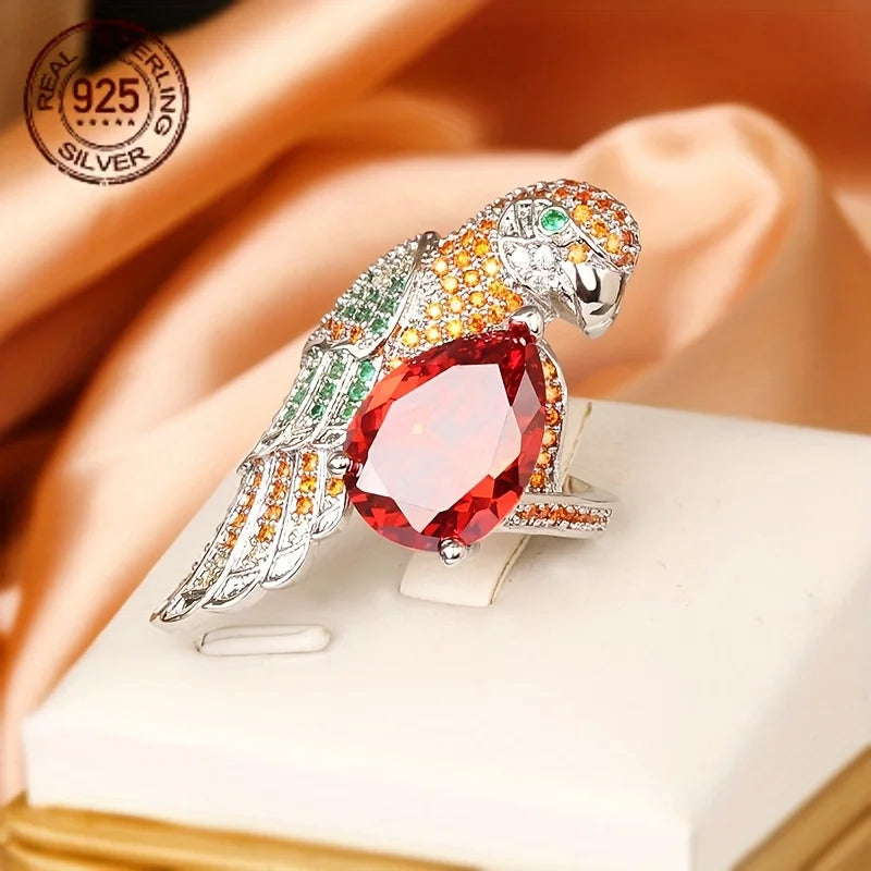 Parrot Bird Silver Ring Zircon Water Drop
