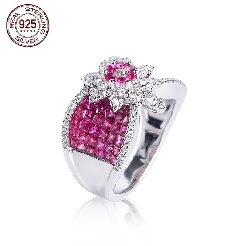 Ring 925 Sterling Silver Sunflower Zircon White Gold Plated