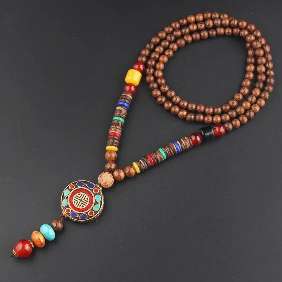 Vintage Nepal Buddhist Mala Necklace With Wood Beads Pendant Ethnic Jewelry