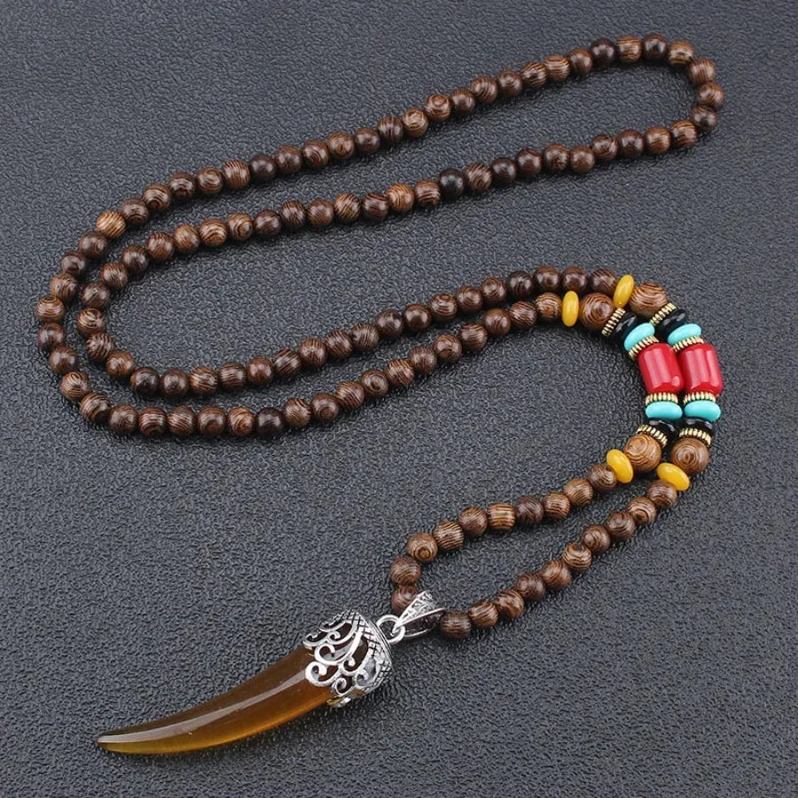 Vintage Nepal Buddhist Mala Necklace With Wood Beads Pendant Ethnic Jewelry