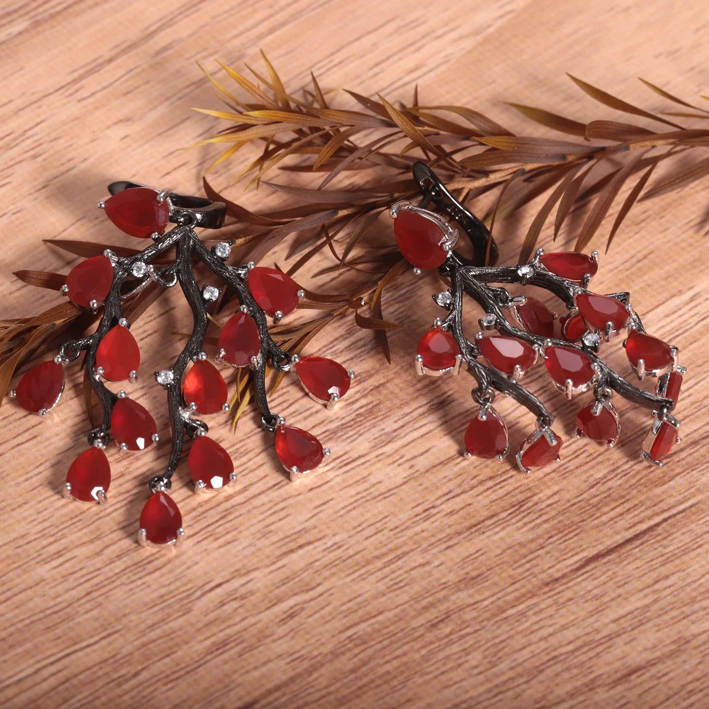 Earrings 925 Sterling Silver Pine Branch Agate Drop