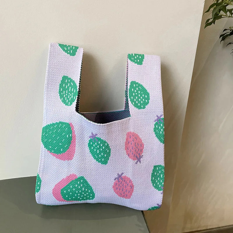 Knitted Strawberry Bow Wrist Handbag Pouch Top Handle Purse
