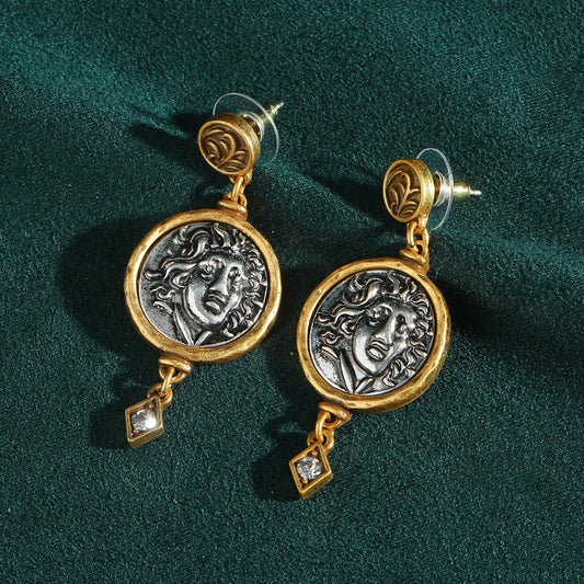 Vintage Ancient Coin Head Portrait Drop Earrings