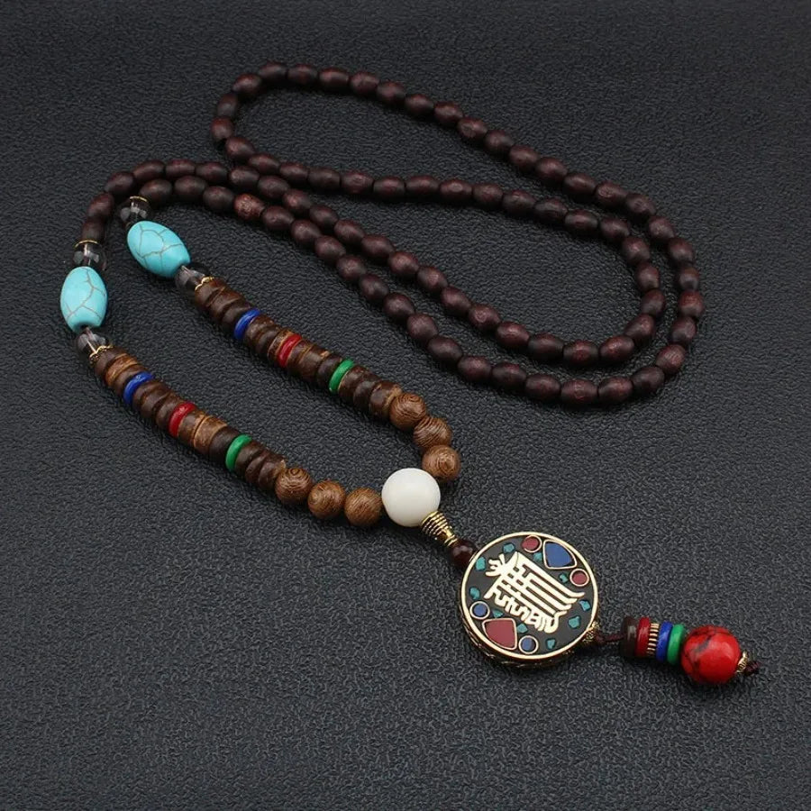 Vintage Nepal Buddhist Mala Necklace With Wood Beads Pendant Ethnic Jewelry