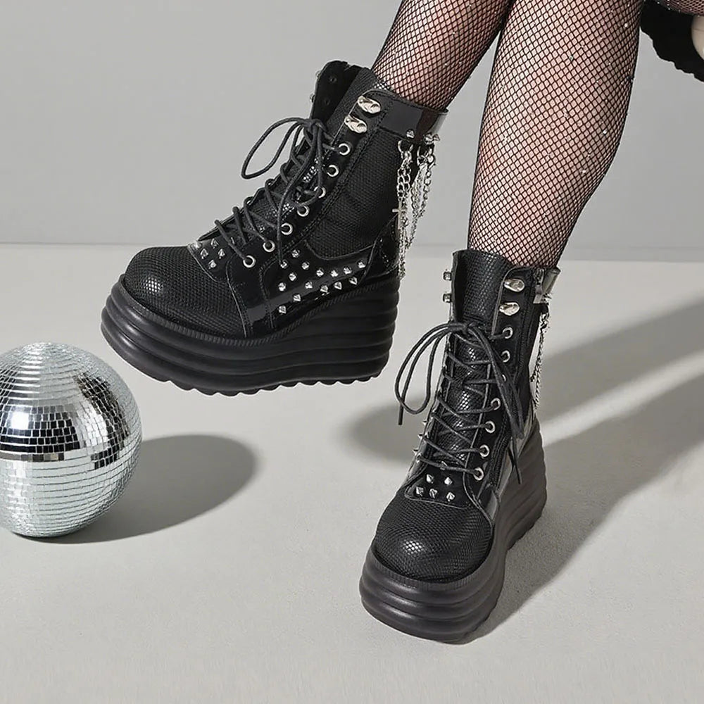 Women Boots Wedges With Chain Rivet Decor