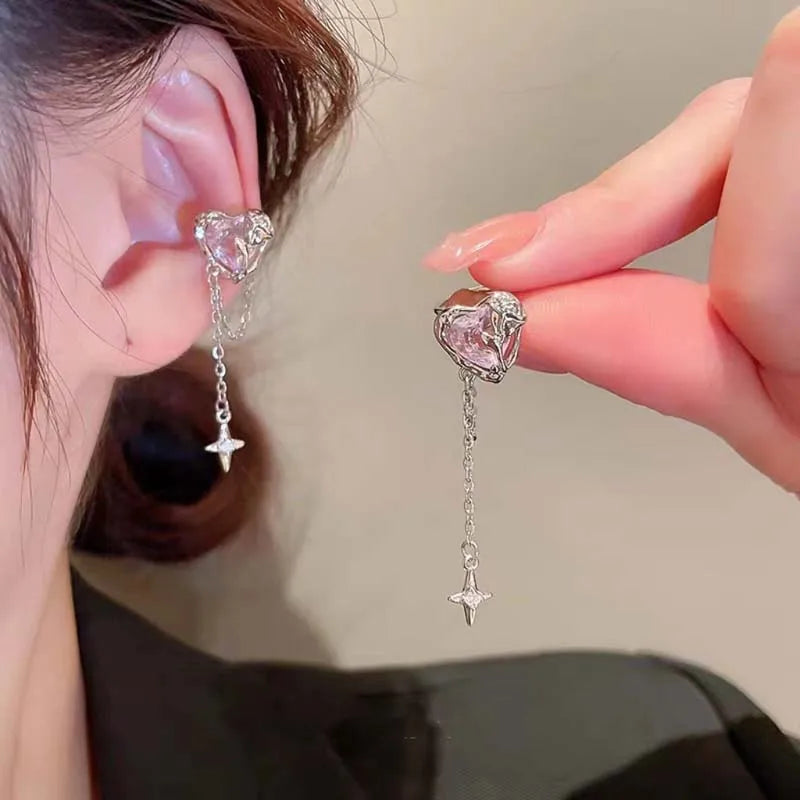 Earring Clip Crystal Heart Tassel Ear Cuff
