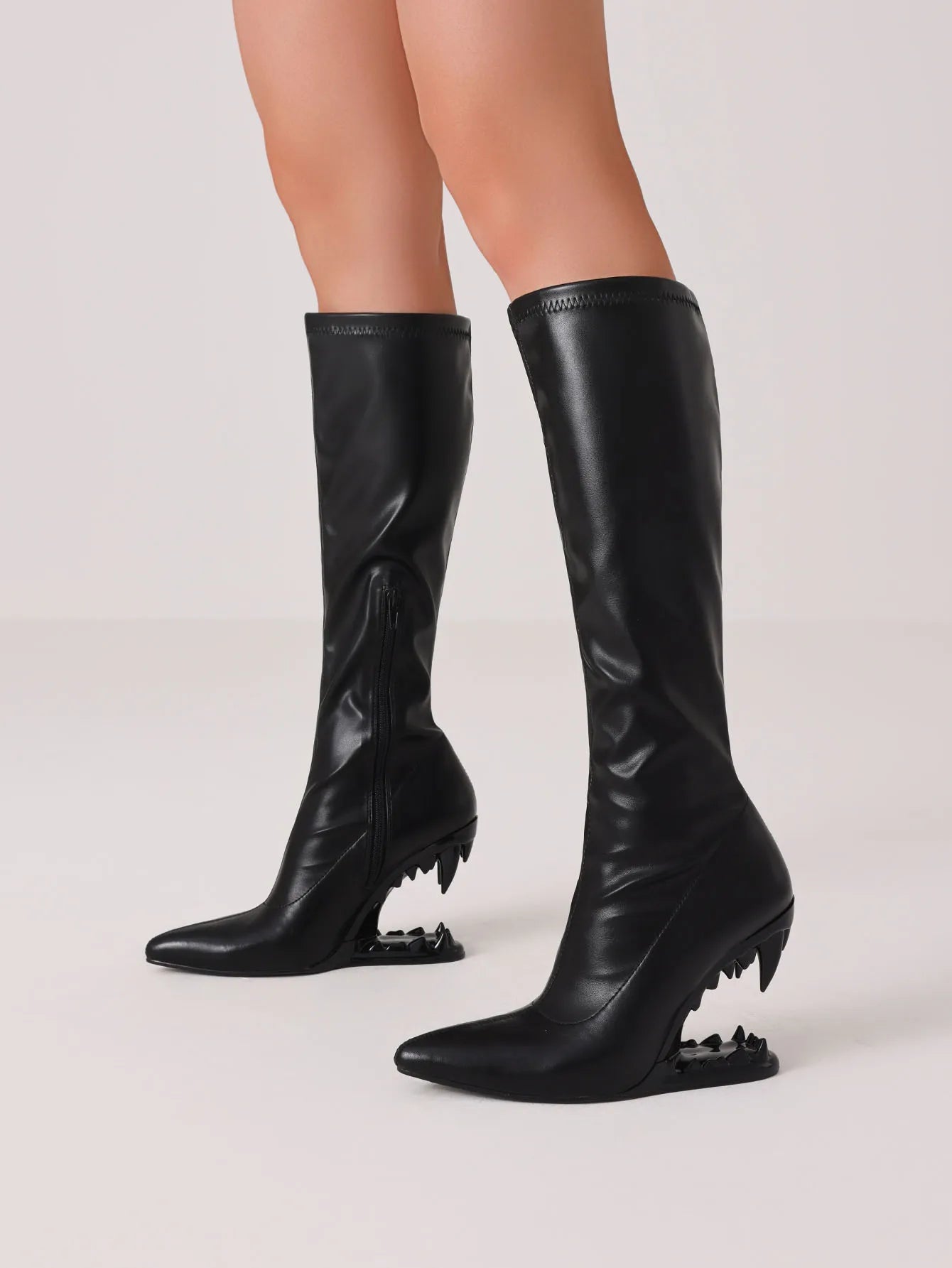 Women Knee High Boots Pointed Toe Zipper Wedges