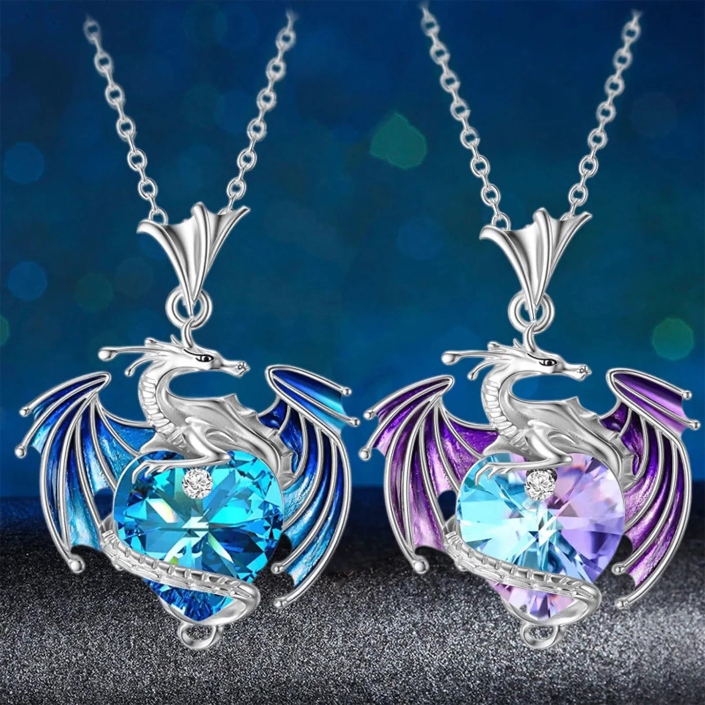 Necklace Silver Dragon Heart Rhinestone
