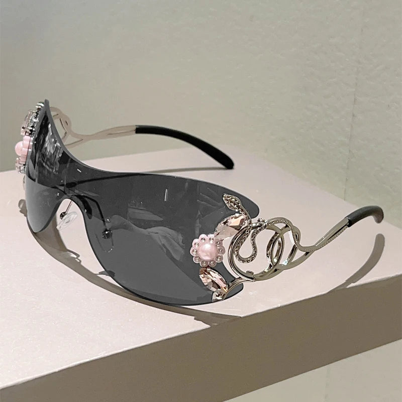 Rimless Sunglasses With Rhinestones Monoblock Gradient Lenses
