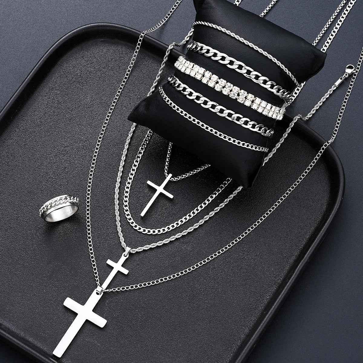 Mens Stainless Steel Cross Necklace Bracelet Ring Set Zircon Jewelry