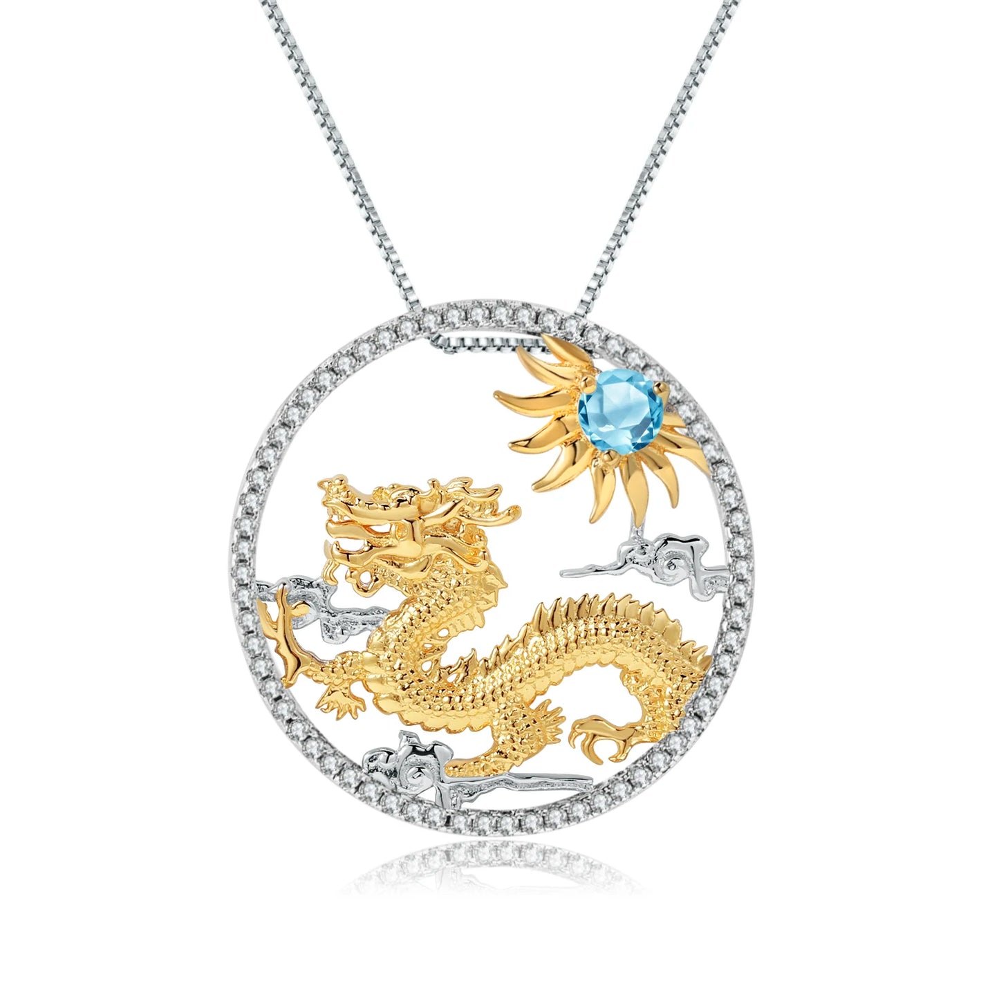 925 Necklace Silver Blue Topaz Dragon Pendant