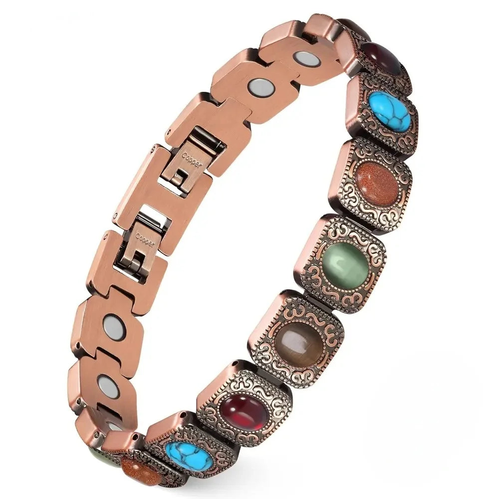 Pure Copper Magnetic Bracelet Turquoise Stones Adjustable Unisex Jewelry
