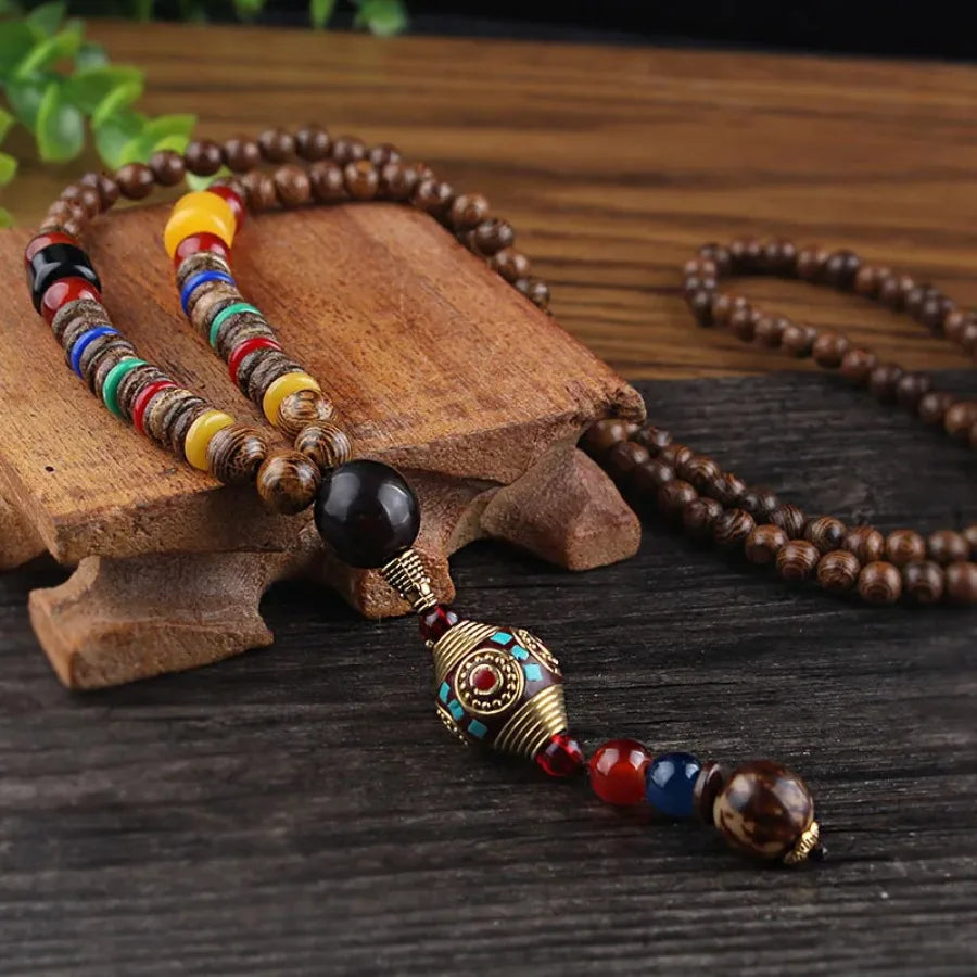 Vintage Nepal Buddhist Mala Necklace With Wood Beads Pendant Ethnic Jewelry