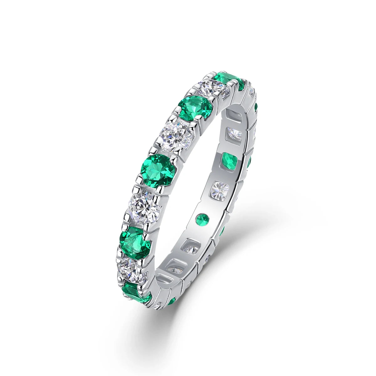 925 Silver Ring with Alternating Moissanite & Green Emeralds