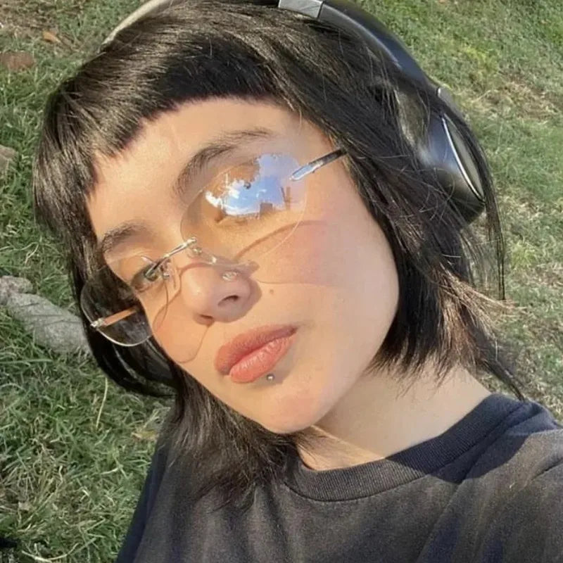 Rimless Women Sunglasses Oval Wrap Around Gradient Lenses