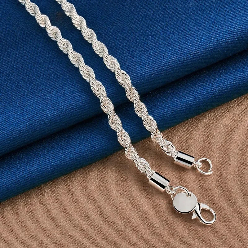 Sterling Silver Rope Chain Necklace And Bracelet Set Unisex