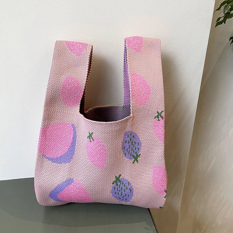 Knitted Strawberry Bow Wrist Handbag Pouch Top Handle Purse