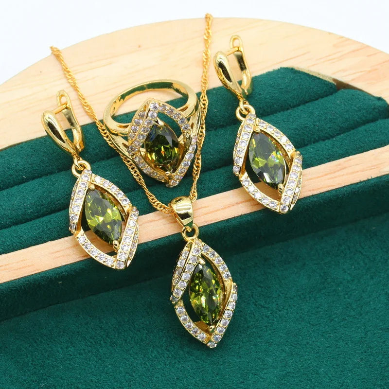 Elegant Jewelry Set Necklace Bracelet Ring Earrings 18K Gold Plated