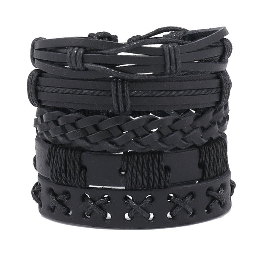 5pcs Punk rock black leather braid bracelet for men women