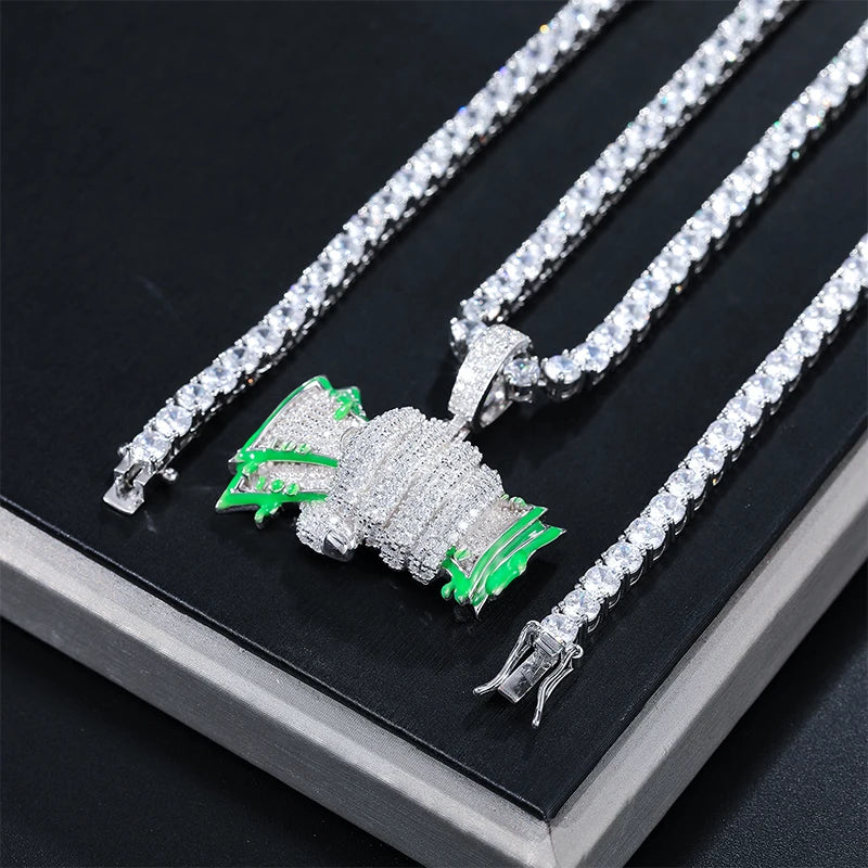 ICEOUTBOXCN Glowing Fist Dollar Money Bag Pendant Necklace Moissanite