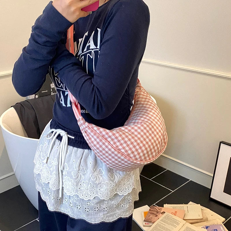 Sweet Plaid Crossbody Bag Canvas Dumpling Shoulder Messenger Bag