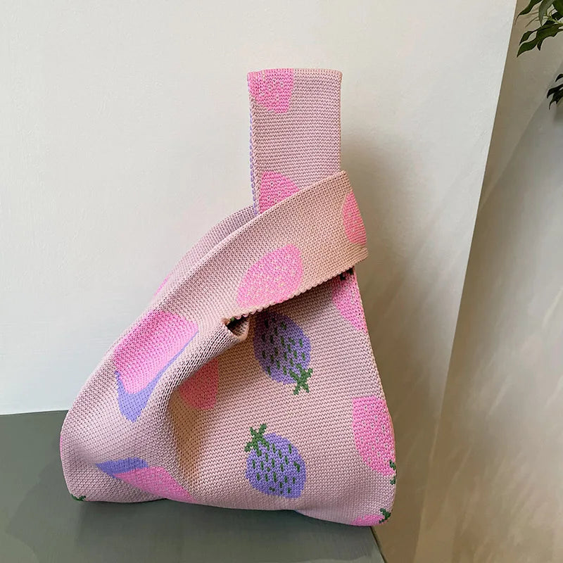 Knitted Strawberry Bow Wrist Handbag Pouch Top Handle Purse