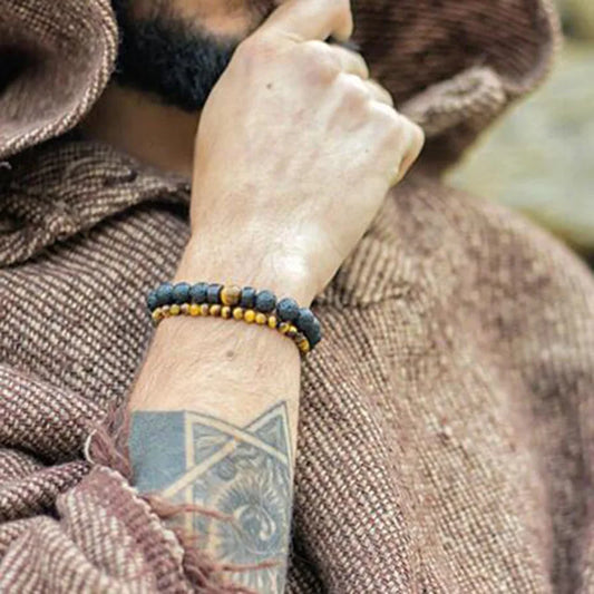 Volcanic Stone Lava Wood Beaded Bracelet Tibetan Buddhist Unisex Gift