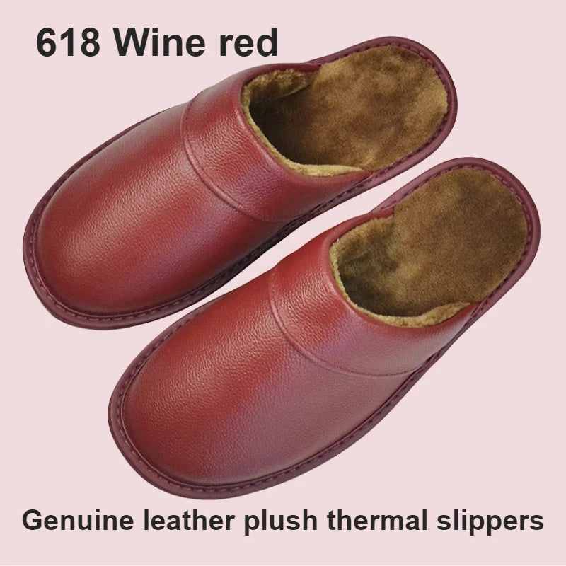 Leather Slippers With Plush Lining Non Slip