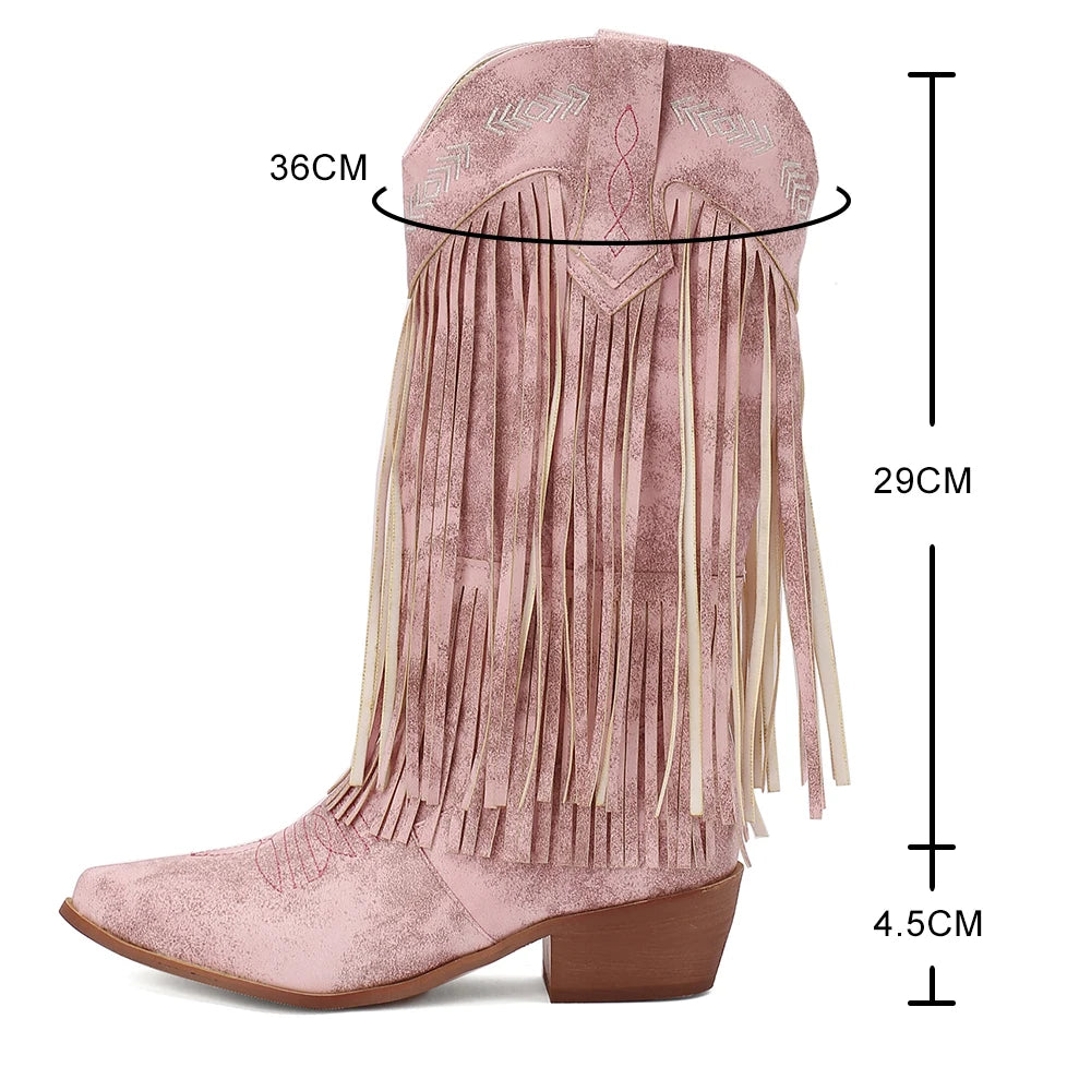 Boots Women Western Embroidery Tassel Chunky Heels
