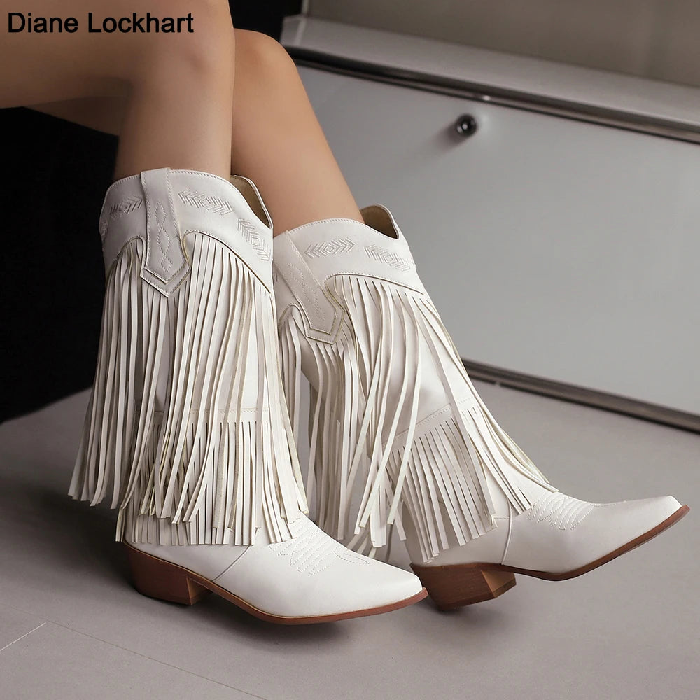 Boots Women Western Embroidery Tassel Chunky Heels