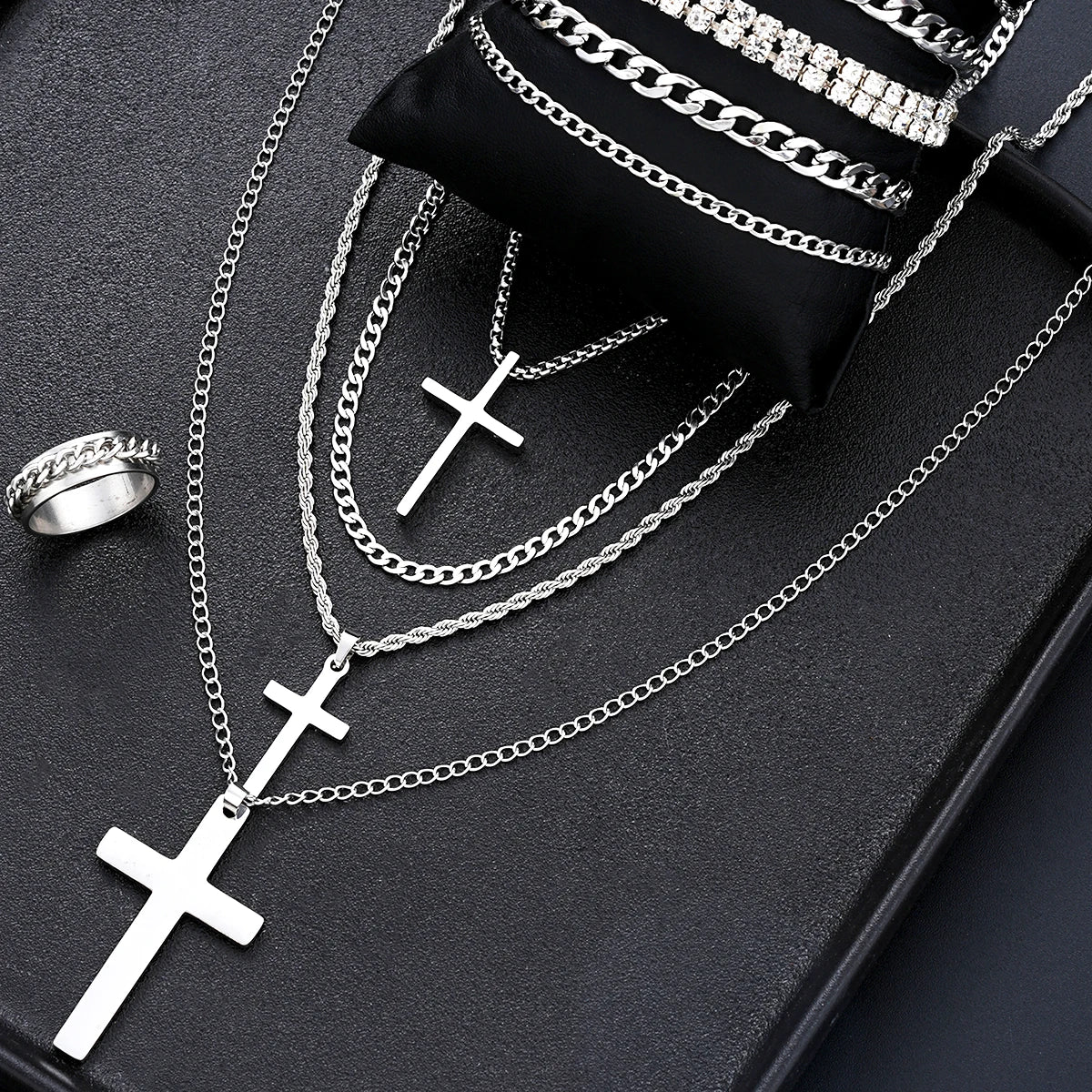 Mens Stainless Steel Cross Necklace Bracelet Ring Set Zircon Jewelry