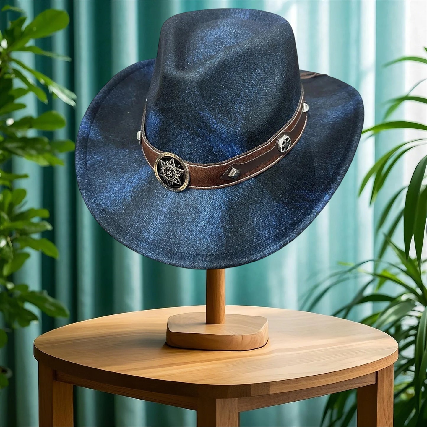 Denim Cowboy Hat With Wide Brim And Badge Belt