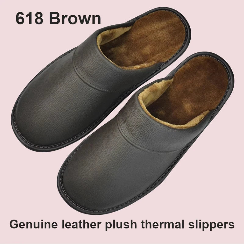 Leather Slippers With Plush Lining Non Slip