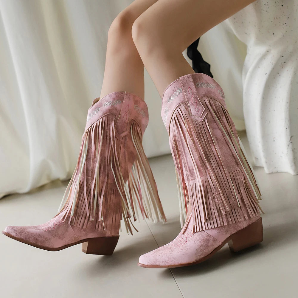 Boots Women Western Embroidery Tassel Chunky Heels