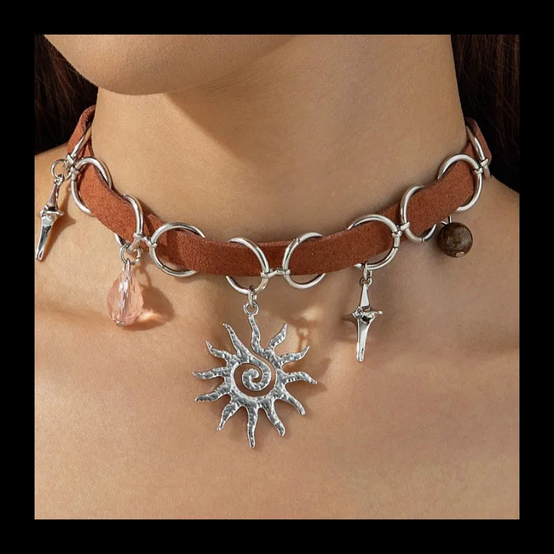 Sun Pendant Necklace With Leather Stitching