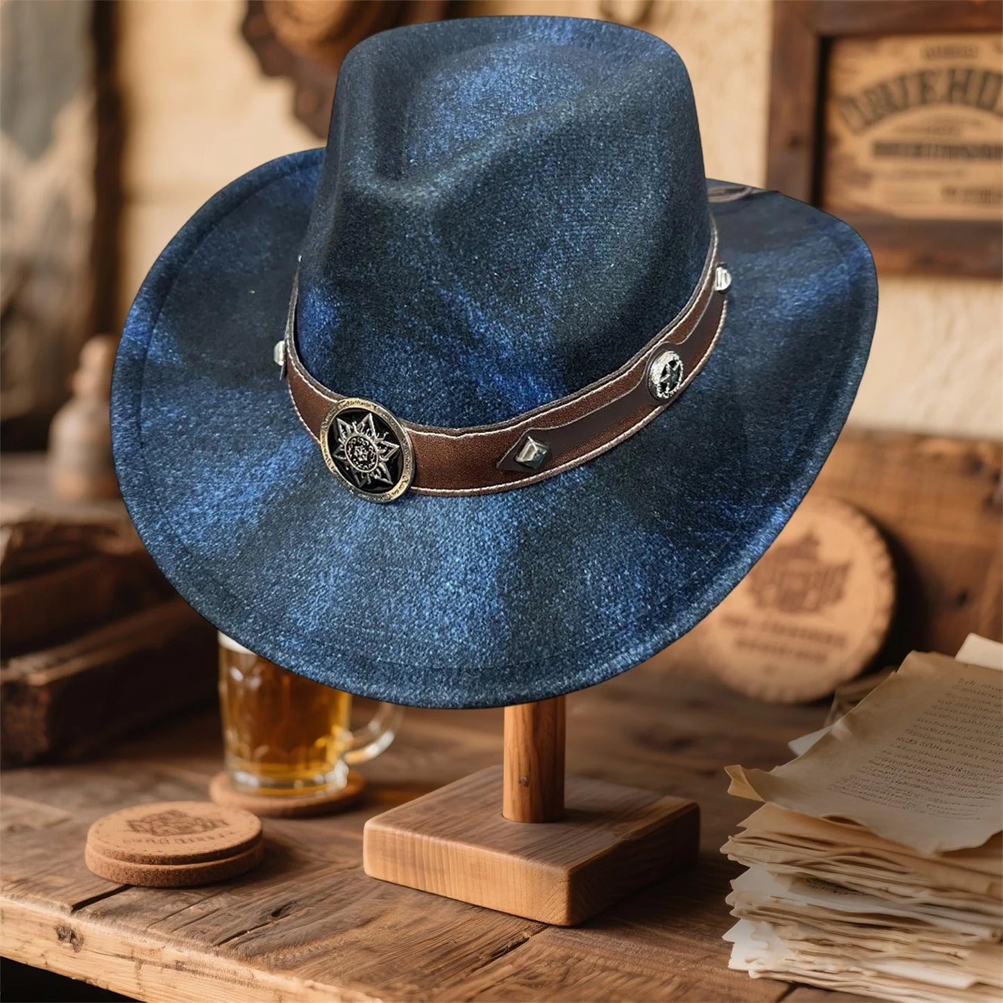 Denim Cowboy Hat With Wide Brim And Badge Belt
