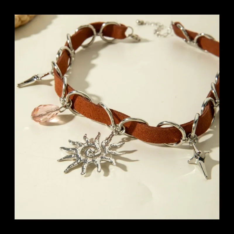 Sun Pendant Necklace With Leather Stitching