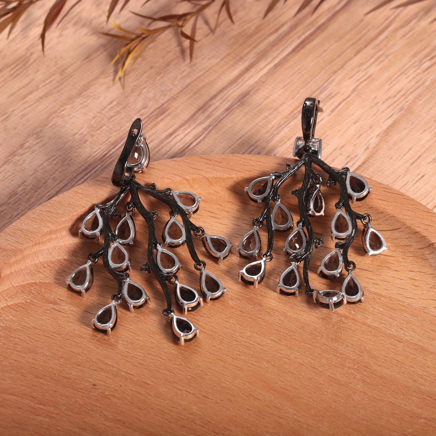 Earrings 925 Sterling Silver Pine Branch Agate Drop
